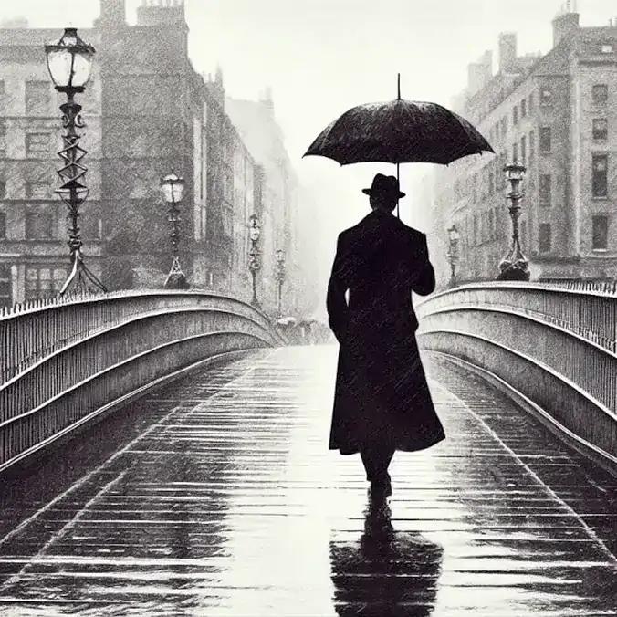 Silhouette of James Joyce walking over Ha'penny Bridge Dublin in the rain
